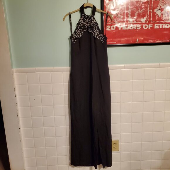 Vintage 80s Formal Black Sequin Halter Neck Side Slit Maxi Dress Goth Retro Glam - Picture 12 of 12